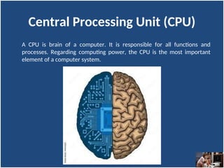 Central Processing Unit (CPU)
A CPU is brain of a computer. It is responsible for all functions and
processes. Regarding computing power, the CPU is the most important
element of a computer system.
 