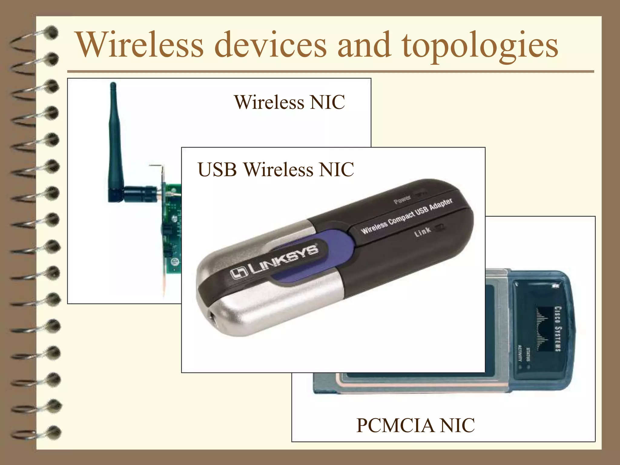 Wireless devices and topologies
PCMCIA NIC
Wireless NIC
USB Wireless NIC
 