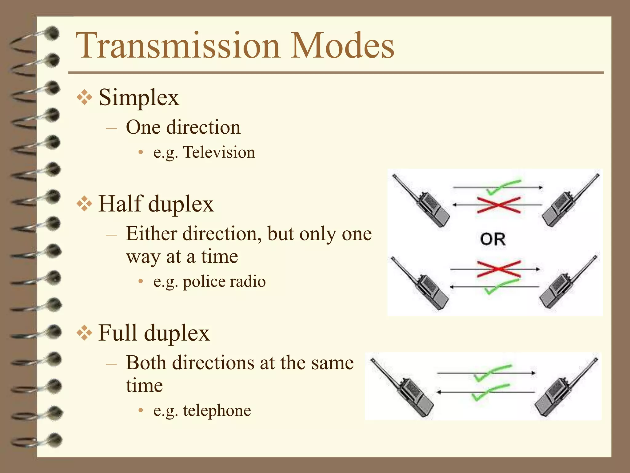 Transmission Modes
 Simplex
– One direction
• e.g. Television
 Half duplex
– Either direction, but only one
way at a time
• e.g. police radio
 Full duplex
– Both directions at the same
time
• e.g. telephone
 