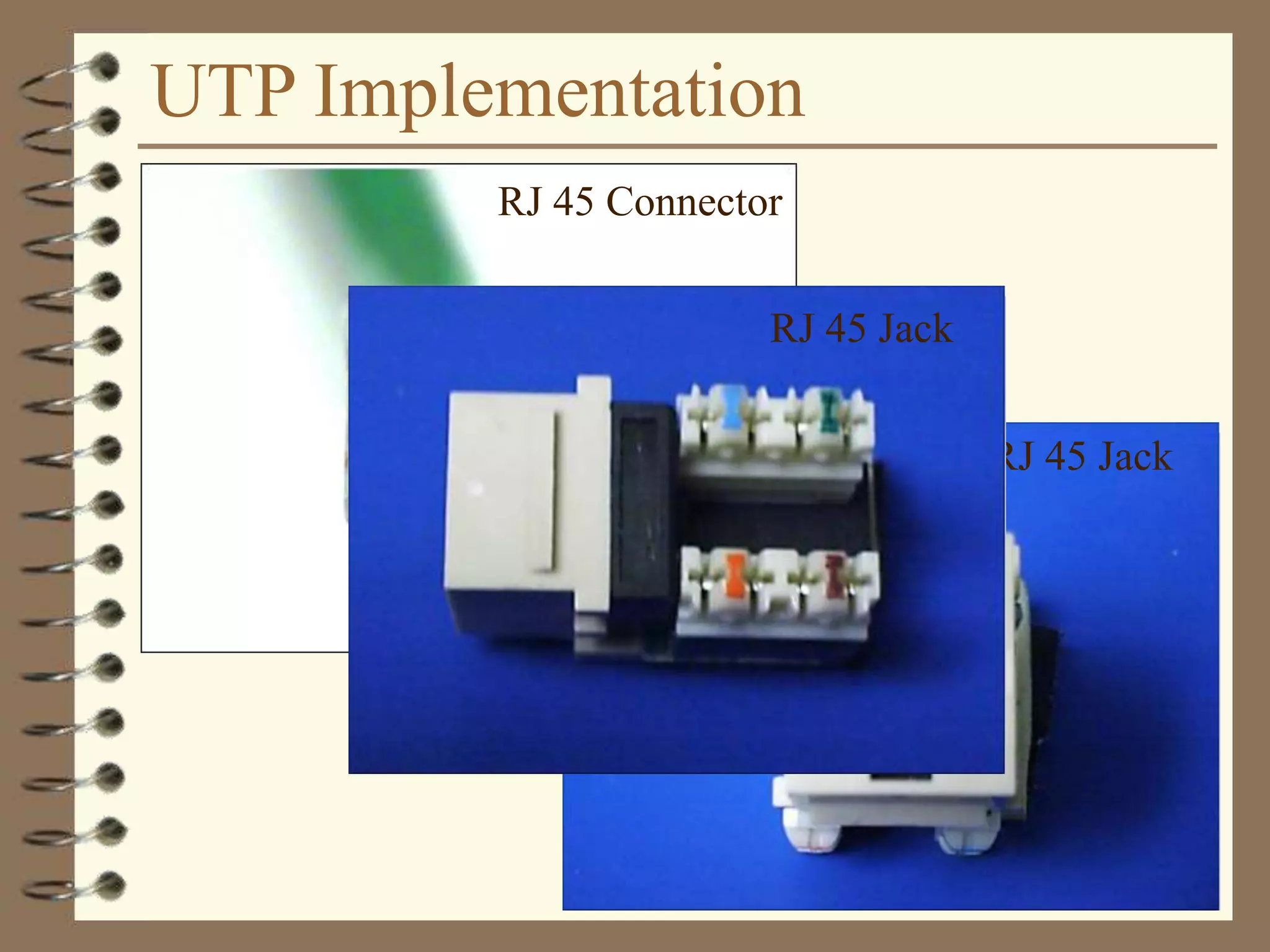 UTP Implementation
RJ 45 Connector
RJ 45 Jack
RJ 45 Jack
 