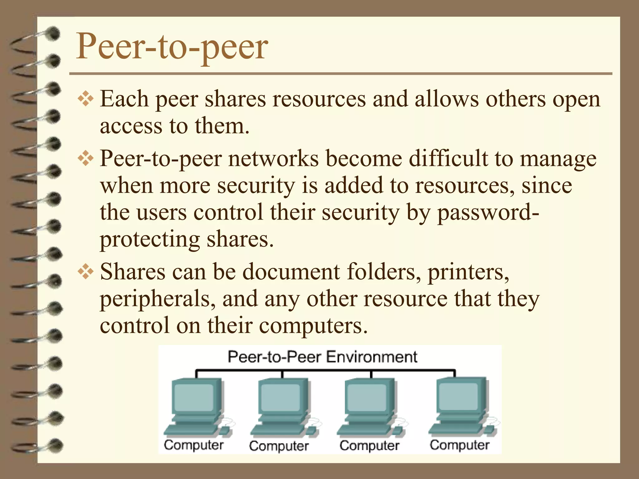 Peer-to-peer
 Each peer shares resources and allows others open
access to them.
 Peer-to-peer networks become difficult to manage
when more security is added to resources, since
the users control their security by password-
protecting shares.
 Shares can be document folders, printers,
peripherals, and any other resource that they
control on their computers.
 