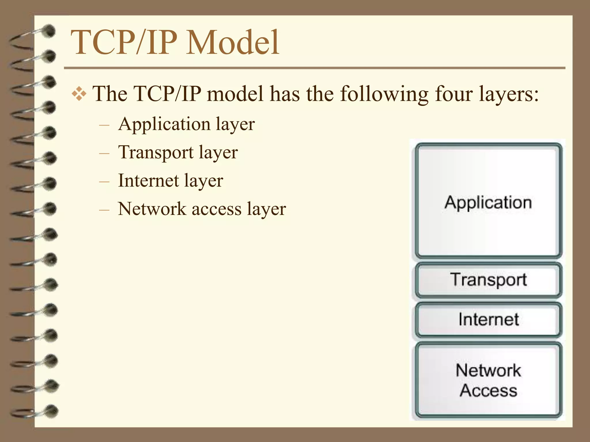 TCP/IP Model
 The TCP/IP model has the following four layers:
– Application layer
– Transport layer
– Internet layer
– Network access layer
 