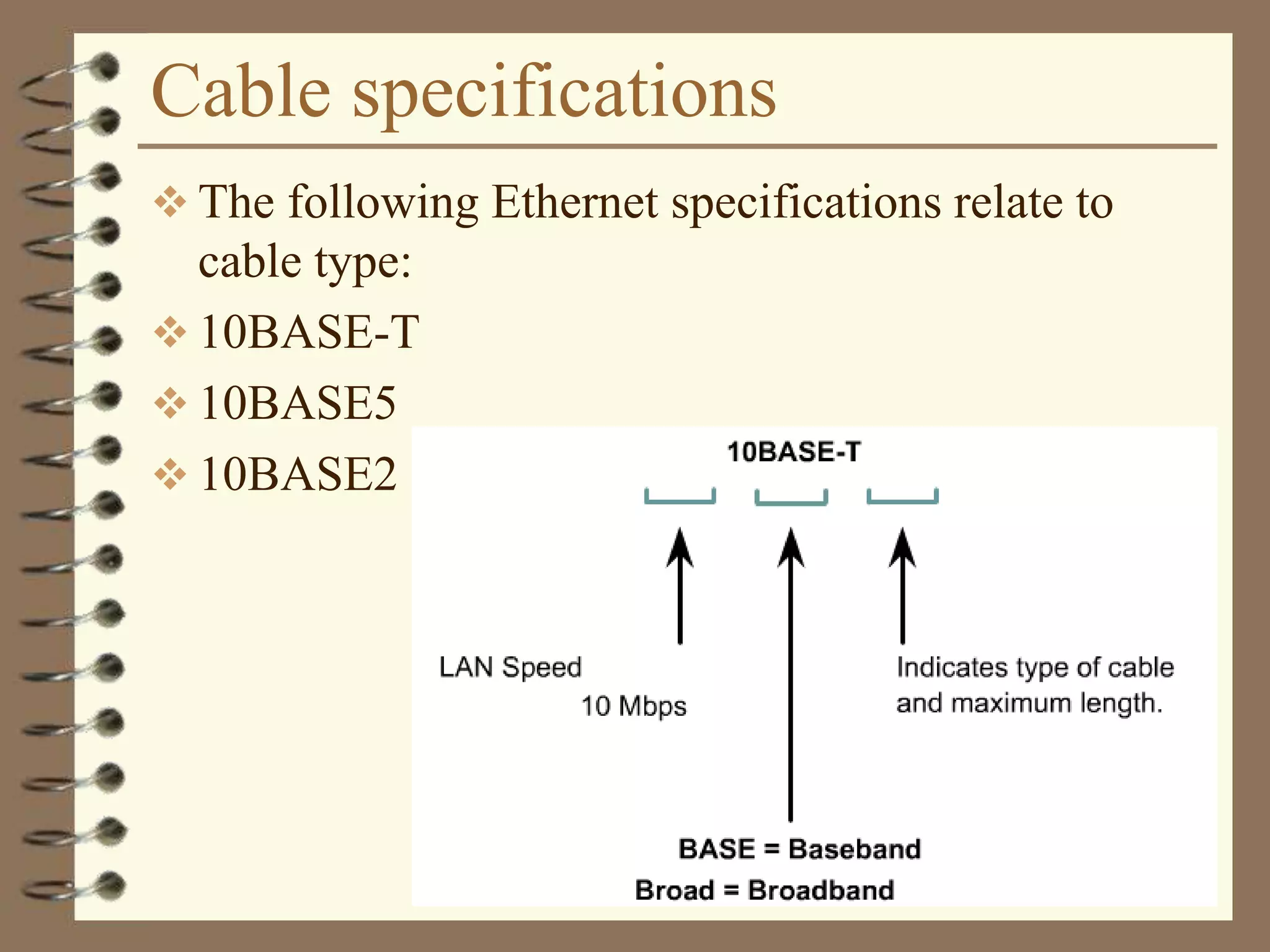 Cable specifications
 The following Ethernet specifications relate to
cable type:
 10BASE-T
 10BASE5
 10BASE2
 