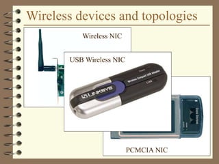 Wireless devices and topologies
PCMCIA NIC
Wireless NIC
USB Wireless NIC
 