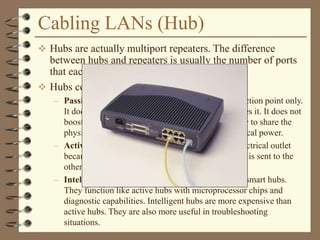 Cabling LANs (Hub)
 Hubs are actually multiport repeaters. The difference
between hubs and repeaters is usually the number of ports
that each device provides.
 Hubs come in three basic types:
– Passive – A passive hub serves as a physical connection point only.
It does not manipulate or view the traffic that crosses it. It does not
boost or clean the signal. A passive hub is used only to share the
physical media. A passive hub does not need electrical power.
– Active – An active hub must be plugged into an electrical outlet
because it needs power to amplify a signal before it is sent to the
other ports.
– Intelligent – Intelligent hubs are sometimes called smart hubs.
They function like active hubs with microprocessor chips and
diagnostic capabilities. Intelligent hubs are more expensive than
active hubs. They are also more useful in troubleshooting
situations.
 