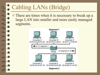 Cabling LANs (Bridge)
 There are times when it is necessary to break up a
large LAN into smaller and more easily managed
segments.
 