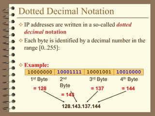 Dotted Decimal Notation
 IP addresses are written in a so-called dotted
decimal notation
 Each byte is identified by a decimal number in the
range [0..255]:
 Example:
1000111110000000 10001001 10010000
1st Byte
= 128
2nd
Byte
= 143
3rd Byte
= 137
4th Byte
= 144
128.143.137.144
 