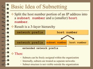 Basic Idea of Subnetting
 Split the host number portion of an IP address into
a subnet number and a (smaller) host
number.
 Result is a 3-layer hierarchy
 Then:
• Subnets can be freely assigned within the organization
• Internally, subnets are treated as separate networks
• Subnet structure is not visible outside the organization
network prefix host number
subnet numbernetwork prefix host number
extended network prefix
 
