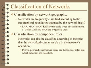Classification of Networks
 Classification by network geography.
– Networks are frequently classified according to the
geographical boundaries spanned by the network itself.
• LAN, MAN, WAN, SAN are the basic types of classification,
of which LAN and WAN are frequently used.
 Classification by component roles.
– Networks can also be classified according to the roles
that the networked computers play in the network’s
operation.
• Peer-to-peer and client/server based are the types of roles into
which networks are classified.
 