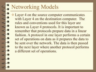 Networking Models
 Layer 4 on the source computer communicates
with Layer 4 on the destination computer. The
rules and conventions used for this layer are
known as Layer 4 protocols. It is important to
remember that protocols prepare data in a linear
fashion. A protocol in one layer performs a certain
set of operations on data as it prepares the data to
be sent over the network. The data is then passed
to the next layer where another protocol performs
a different set of operations.
 