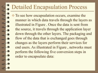 Detailed Encapsulation Process
 To see how encapsulation occurs, examine the
manner in which data travels through the layers as
illustrated in Figure . Once the data is sent from
the source, it travels through the application layer
down through the other layers. The packaging and
flow of the data that is exchanged goes through
changes as the layers perform their services for
end users. As illustrated in Figure , networks must
perform the following five conversion steps in
order to encapsulate data:
 