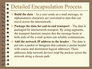 Detailed Encapsulation Process
 Build the data – As a user sends an e-mail message, its
alphanumeric characters are converted to data that can
travel across the internetwork.
 Package the data for end-to-end transport – The data is
packaged for internetwork transport. By using segments,
the transport function ensures that the message hosts at
both ends of the e-mail system can reliably communicate.
 Add the network IP address to the header – The data is
put into a packet or datagram that contains a packet header
with source and destination logical addresses. These
addresses help network devices send the packets across the
network along a chosen path.
 