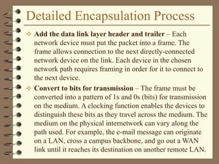 Detailed Encapsulation Process
 Add the data link layer header and trailer – Each
network device must put the packet into a frame. The
frame allows connection to the next directly-connected
network device on the link. Each device in the chosen
network path requires framing in order for it to connect to
the next device.
 Convert to bits for transmission – The frame must be
converted into a pattern of 1s and 0s (bits) for transmission
on the medium. A clocking function enables the devices to
distinguish these bits as they travel across the medium. The
medium on the physical internetwork can vary along the
path used. For example, the e-mail message can originate
on a LAN, cross a campus backbone, and go out a WAN
link until it reaches its destination on another remote LAN.
 