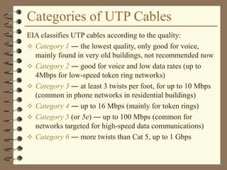 Categories of UTP Cables
EIA classifies UTP cables according to the quality:
 Category 1 ― the lowest quality, only good for voice,
mainly found in very old buildings, not recommended now
 Category 2 ― good for voice and low data rates (up to
4Mbps for low-speed token ring networks)
 Category 3 ― at least 3 twists per foot, for up to 10 Mbps
(common in phone networks in residential buildings)
 Category 4 ― up to 16 Mbps (mainly for token rings)
 Category 5 (or 5e) ― up to 100 Mbps (common for
networks targeted for high-speed data communications)
 Category 6 ― more twists than Cat 5, up to 1 Gbps
 