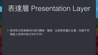 應
⽤用
傳
輸
網
際
網
路路
連
結
實
體
應
⽤用
表
達
會
談
傳
輸
網
路路
資
料
鏈
結
實
體
表達層 Presentation Layer
‣ 應⽤用程式間溝通時的資料轉碼、壓縮、加密解密屬於此層，因應不同
電腦上使⽤用的格式有所不同。
 