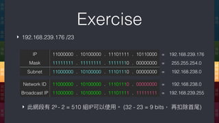 Exercise 應
⽤用
傳
輸
網
際
網
路路
連
結
實
體
應
⽤用
表
達
會
談
傳
輸
網
路路
資
料
鏈
結
實
體
‣ 192.168.239.176 /23
‣ 此網段有 29 - 2 = 510 組IP可以使⽤用。 (32 - 23 = 9 bits， 再扣除⾸首尾)
IP 11000000 . 10100000 . 11101111 . 10110000 = 192.168.239.176
Mask 11111111 . 11111111 . 11111110 . 00000000 = 255.255.254.0
Subnet 11000000 . 10100000 . 11101110 . 00000000 = 192.168.238.0
Network ID 11000000 . 10100000 . 11101110 . 00000000 = 192.168.238.0
Broadcast IP 11000000 . 10100000 . 11101111 . 11111111 = 192.168.239.255
 