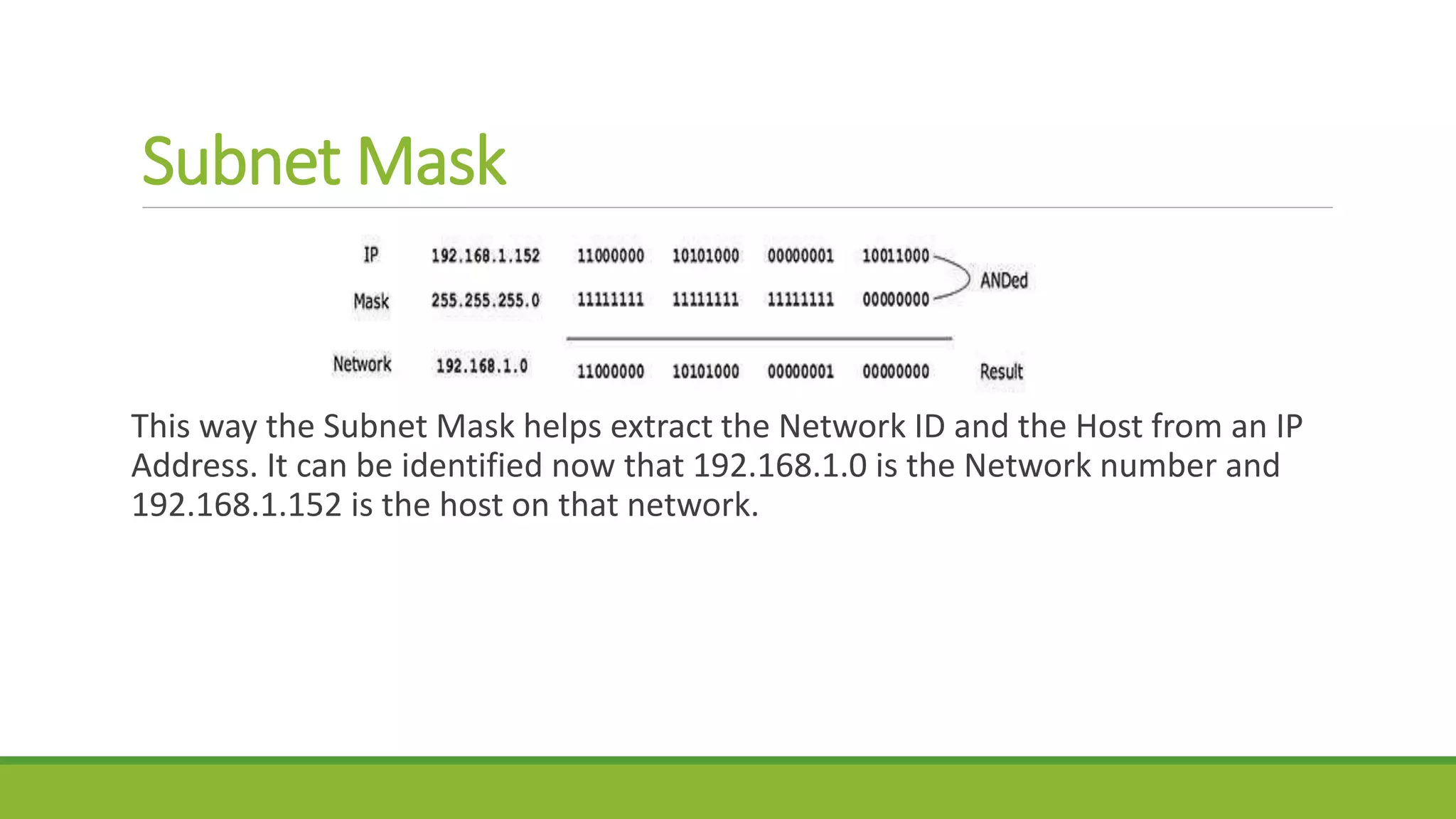 Subnet Mask
This way the Subnet Mask helps extract the Network ID and the Host from an IP
Address. It can be identified now that 192.168.1.0 is the Network number and
192.168.1.152 is the host on that network.
 