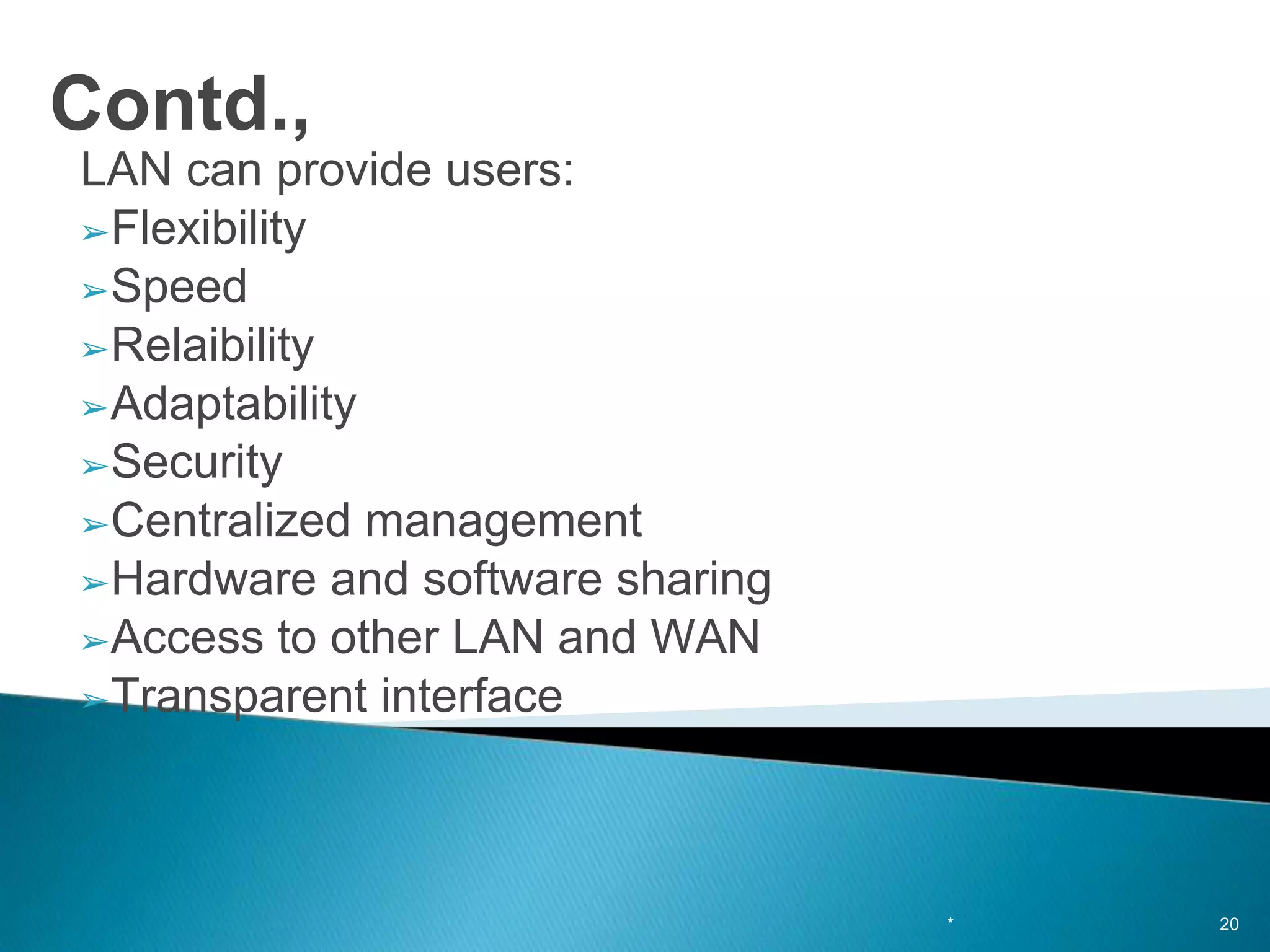 Contd.,
LAN can provide users:
➢Flexibility
➢Speed
➢Relaibility
➢Adaptability
➢Security
➢Centralized management
➢Hardware and software sharing
➢Access to other LAN and WAN
➢Transparent interface
* 20
 