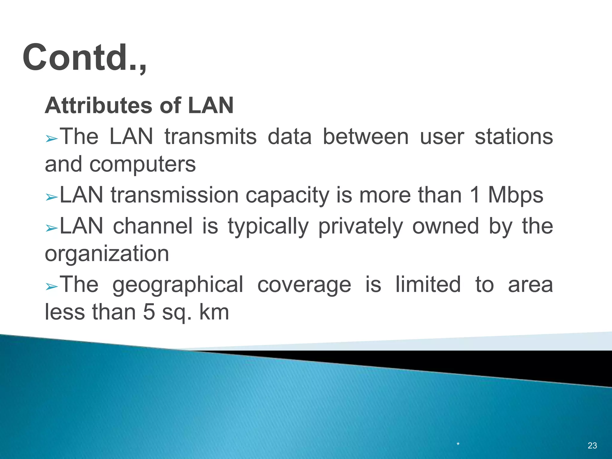 Contd.,
Attributes of LAN
➢The LAN transmits data between user stations
and computers
➢LAN transmission capacity is more than 1 Mbps
➢LAN channel is typically privately owned by the
organization
➢The geographical coverage is limited to area
less than 5 sq. km
* 23
 