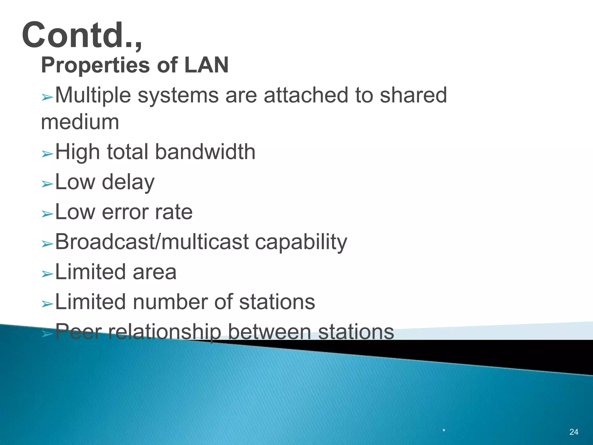 Contd.,
Properties of LAN
➢Multiple systems are attached to shared
medium
➢High total bandwidth
➢Low delay
➢Low error rate
➢Broadcast/multicast capability
➢Limited area
➢Limited number of stations
➢Peer relationship between stations
* 24
 