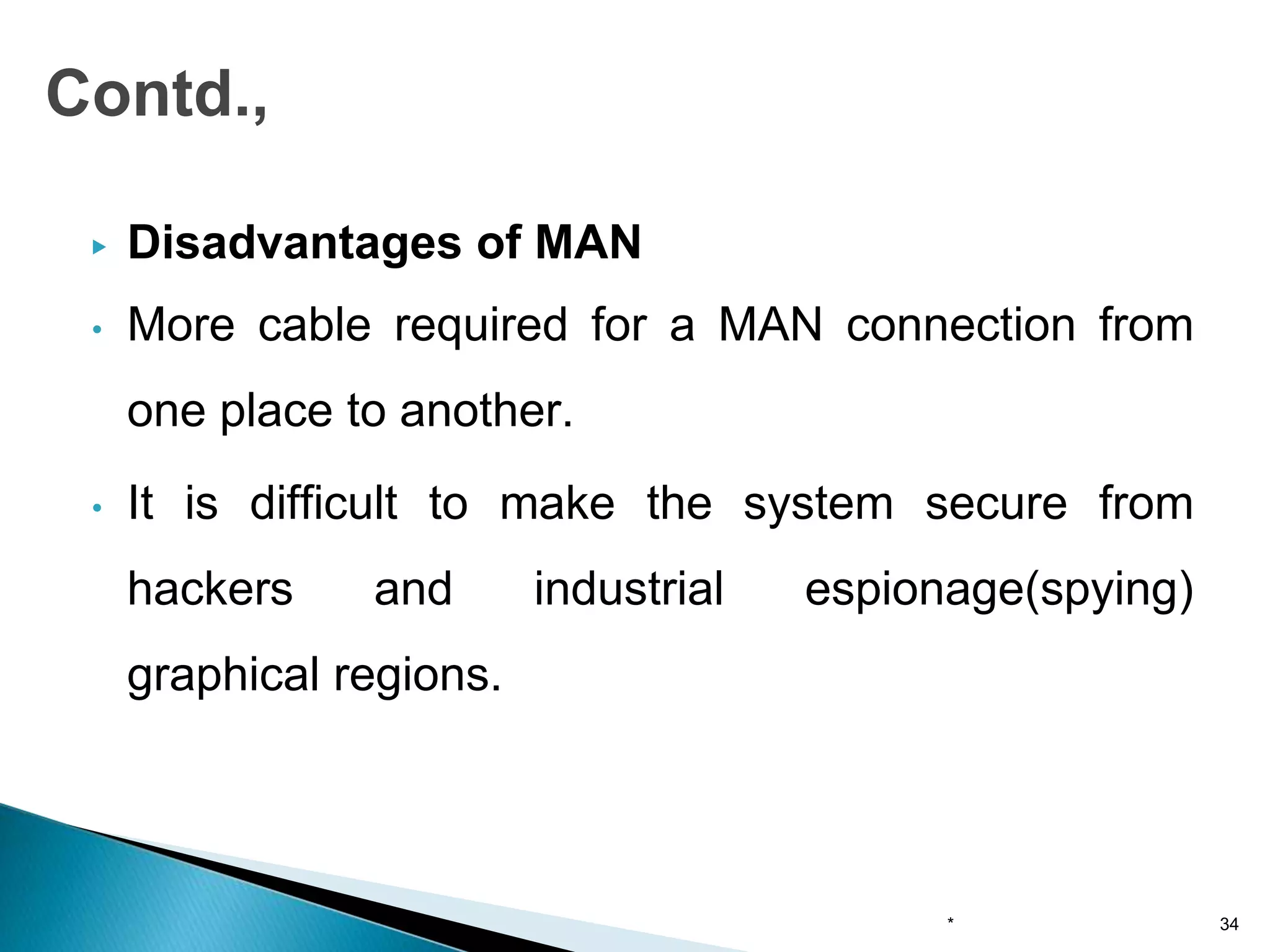 ▶ Disadvantages of MAN
• More cable required for a MAN connection from
one place to another.
• It is difficult to make the system secure from
hackers and industrial espionage(spying)
graphical regions.
Contd.,
* 34
 