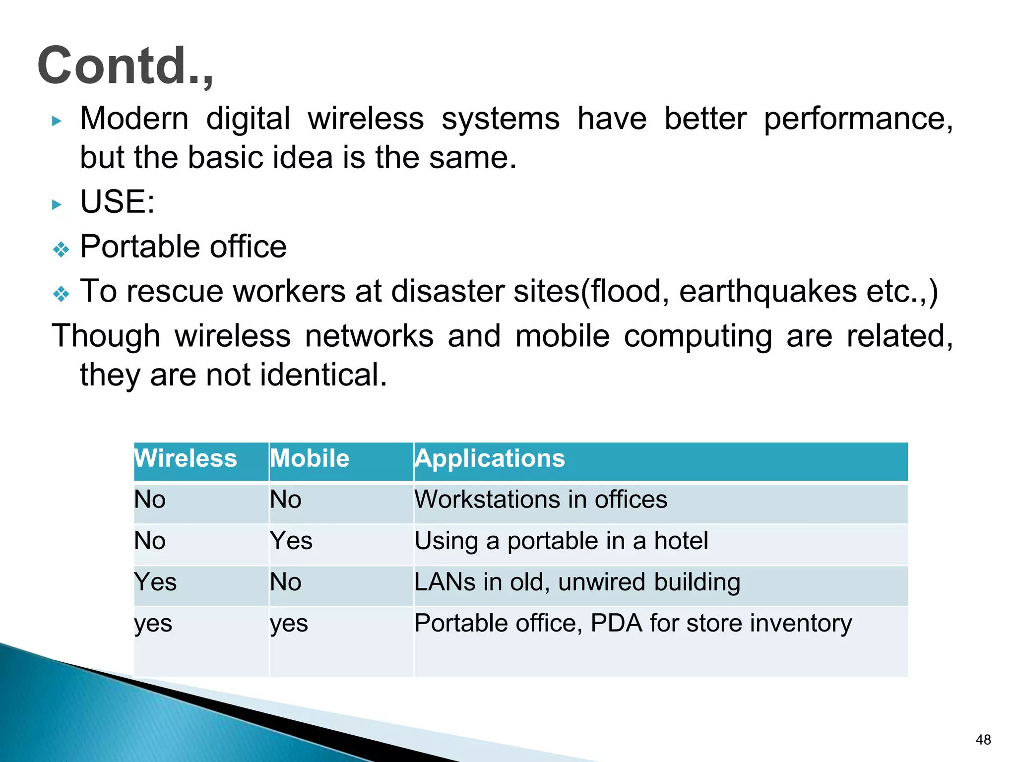 ▶ Modern digital wireless systems have better performance,
but the basic idea is the same.
▶ USE:
❖ Portable office
❖ To rescue workers at disaster sites(flood, earthquakes etc.,)
Though wireless networks and mobile computing are related,
they are not identical.
48
Contd.,
Wireless Mobile Applications
No No Workstations in offices
No Yes Using a portable in a hotel
Yes No LANs in old, unwired building
yes yes Portable office, PDA for store inventory
 