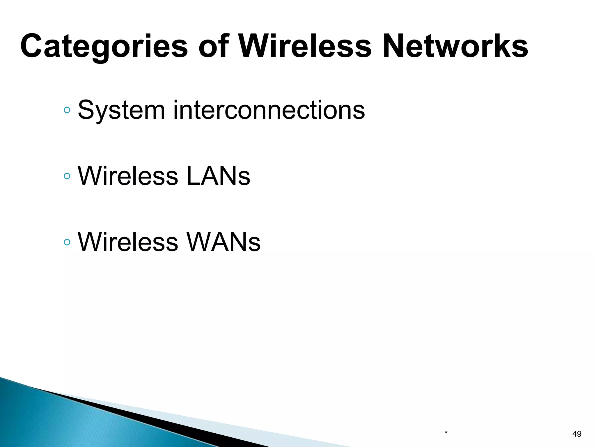 ◦ System interconnections
◦ Wireless LANs
◦ Wireless WANs
Categories of Wireless Networks
* 49
 