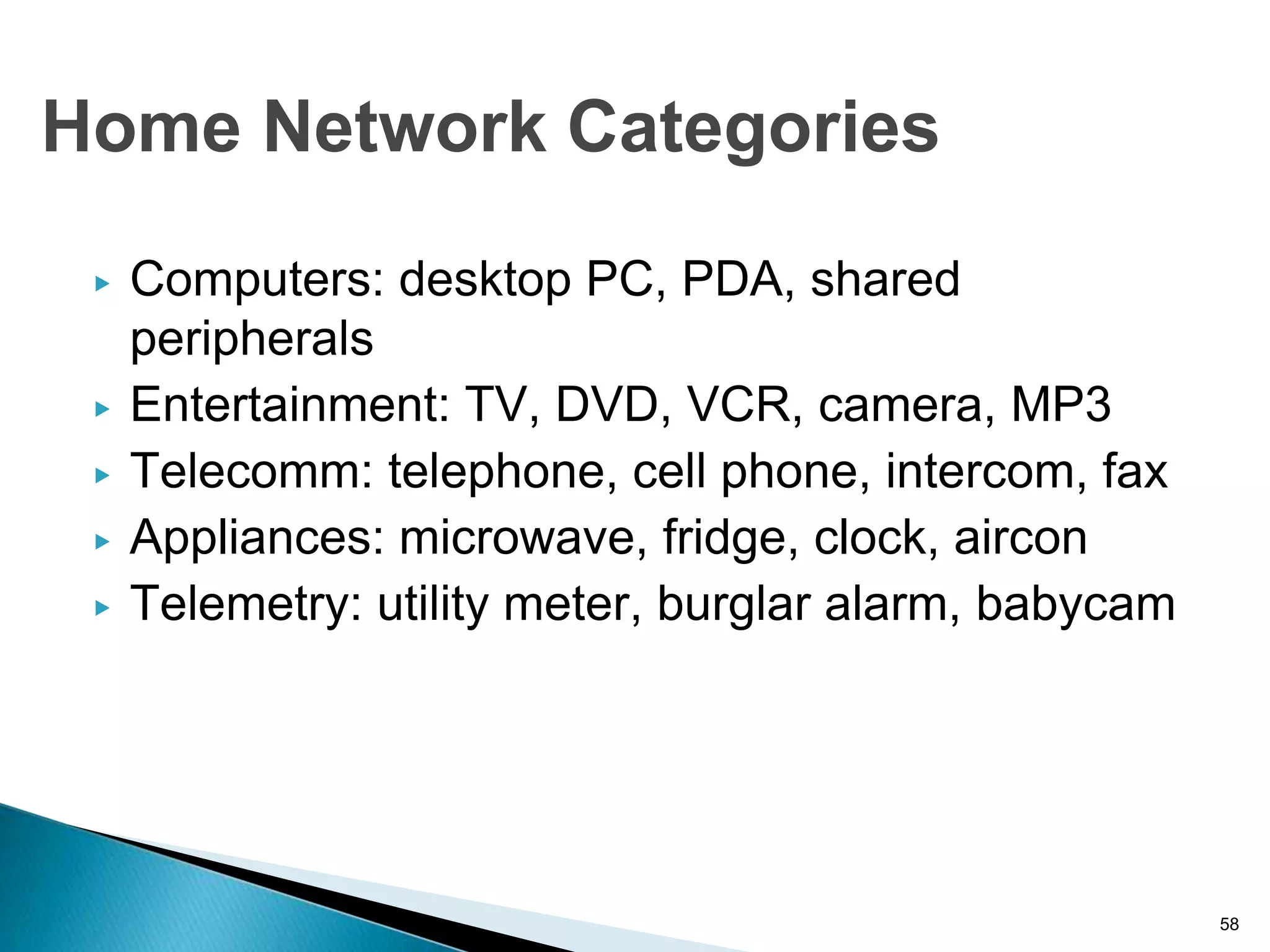 ▶ Computers: desktop PC, PDA, shared
peripherals
▶ Entertainment: TV, DVD, VCR, camera, MP3
▶ Telecomm: telephone, cell phone, intercom, fax
▶ Appliances: microwave, fridge, clock, aircon
▶ Telemetry: utility meter, burglar alarm, babycam
58
Home Network Categories
 