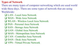 Types of Network
There are many types of computer networking which are used world
wide these days. There are some types of network that are using
Worldwide:
❑ LAN - Local Area Network
❑ WAN - Wide Area Network
❑ WLAN - Wireless Local Area Network
❑ PAN - Personal Area Network
❑ SAN - Storage Area Network
❑ GAN - Global Area Network
❑ MAN - Metropolitan Area Network
❑ CAN - Controller Area Network
❑ DAN - Desk Area Network
❑ VPN - Virtual Private Network
 