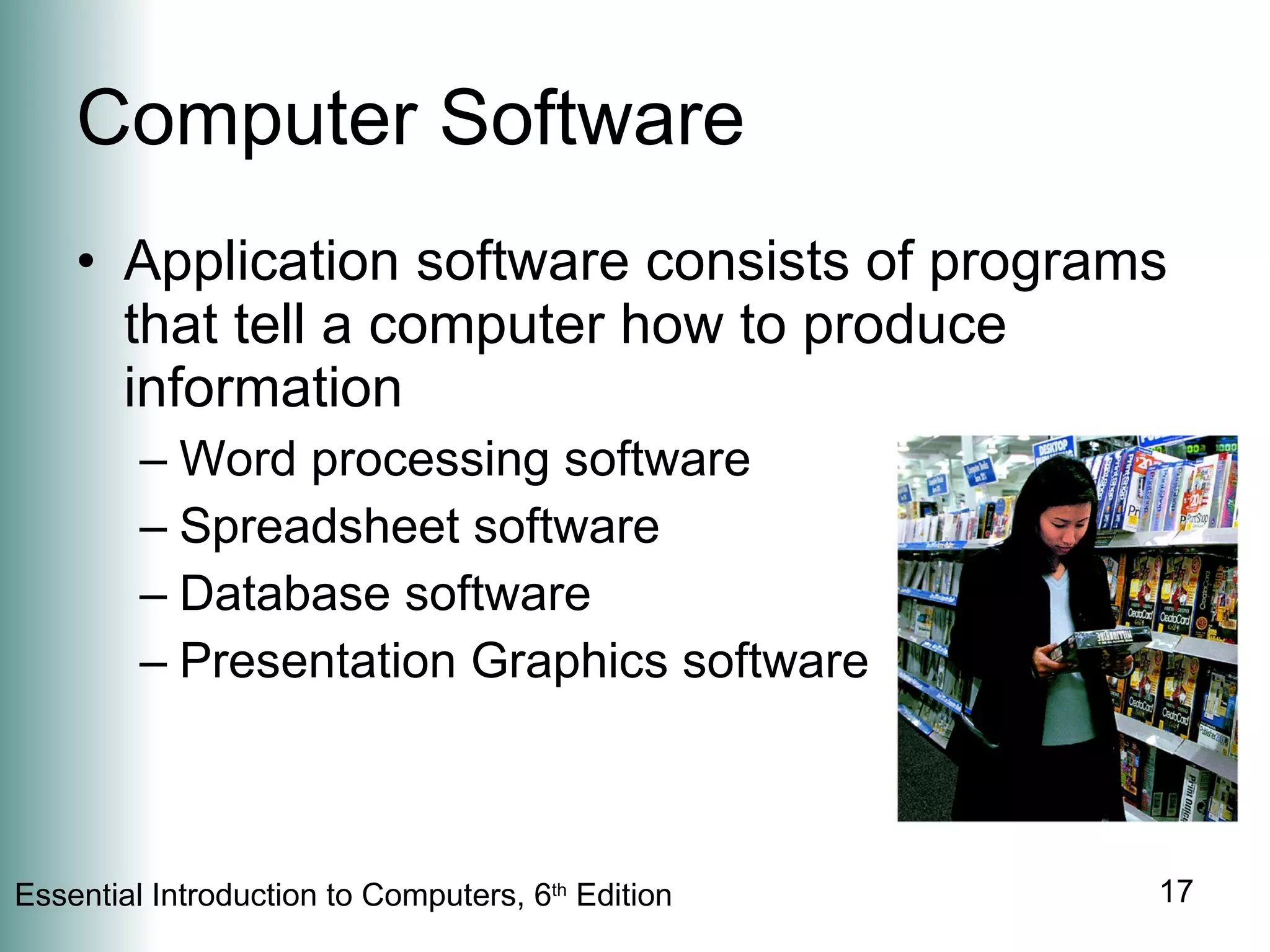 Computer Software Application software consists of programs that tell a computer how to produce information Word processing software Spreadsheet software Database software Presentation Graphics software 