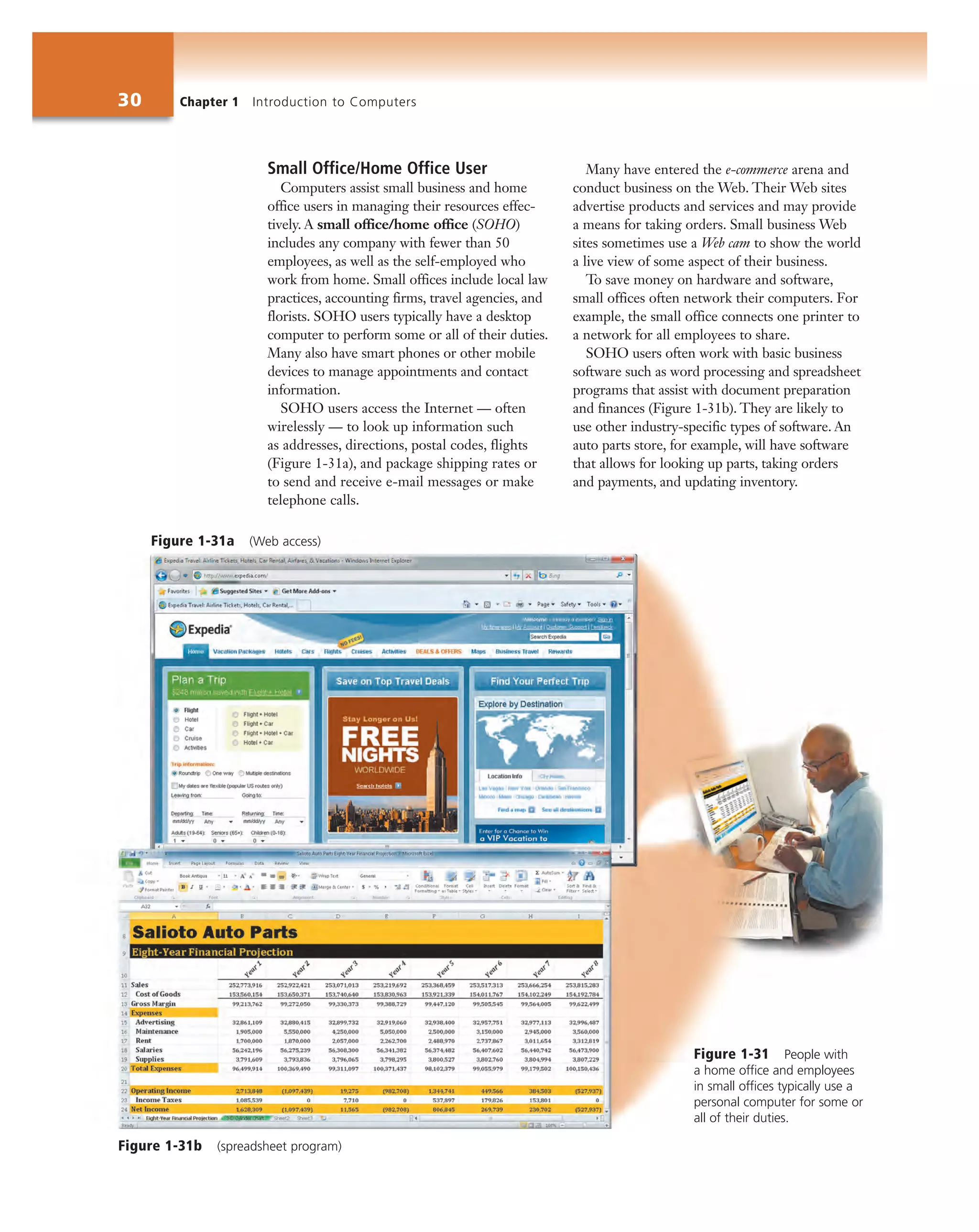 30 Chapter 1 Introduction to Computers
Figure 1-31a (Web access)
Figure 1-31 People with
a home office and employees
in small offices typically use a
personal computer for some or
all of their duties.
Small Office/Home Office User
Computers assist small business and home
office users in managing their resources effec-
tively. A small office/home office (SOHO)
includes any company with fewer than 50
employees, as well as the self-employed who
work from home. Small offices include local law
practices, accounting firms, travel agencies, and
florists. SOHO users typically have a desktop
computer to perform some or all of their duties.
Many also have smart phones or other mobile
devices to manage appointments and contact
information.
SOHO users access the Internet — often
wirelessly — to look up information such
as addresses, directions, postal codes, flights
(Figure 1-31a), and package shipping rates or
to send and receive e-mail messages or make
telephone calls.
Many have entered the e-commerce arena and
conduct business on the Web. Their Web sites
advertise products and services and may provide
a means for taking orders. Small business Web
sites sometimes use a Web cam to show the world
a live view of some aspect of their business.
To save money on hardware and software,
small offices often network their computers. For
example, the small office connects one printer to
a network for all employees to share.
SOHO users often work with basic business
software such as word processing and spreadsheet
programs that assist with document preparation
and finances (Figure 1-31b). They are likely to
use other industry-specific types of software. An
auto parts store, for example, will have software
that allows for looking up parts, taking orders
and payments, and updating inventory.
Figure 1-31b (spreadsheet program)
 