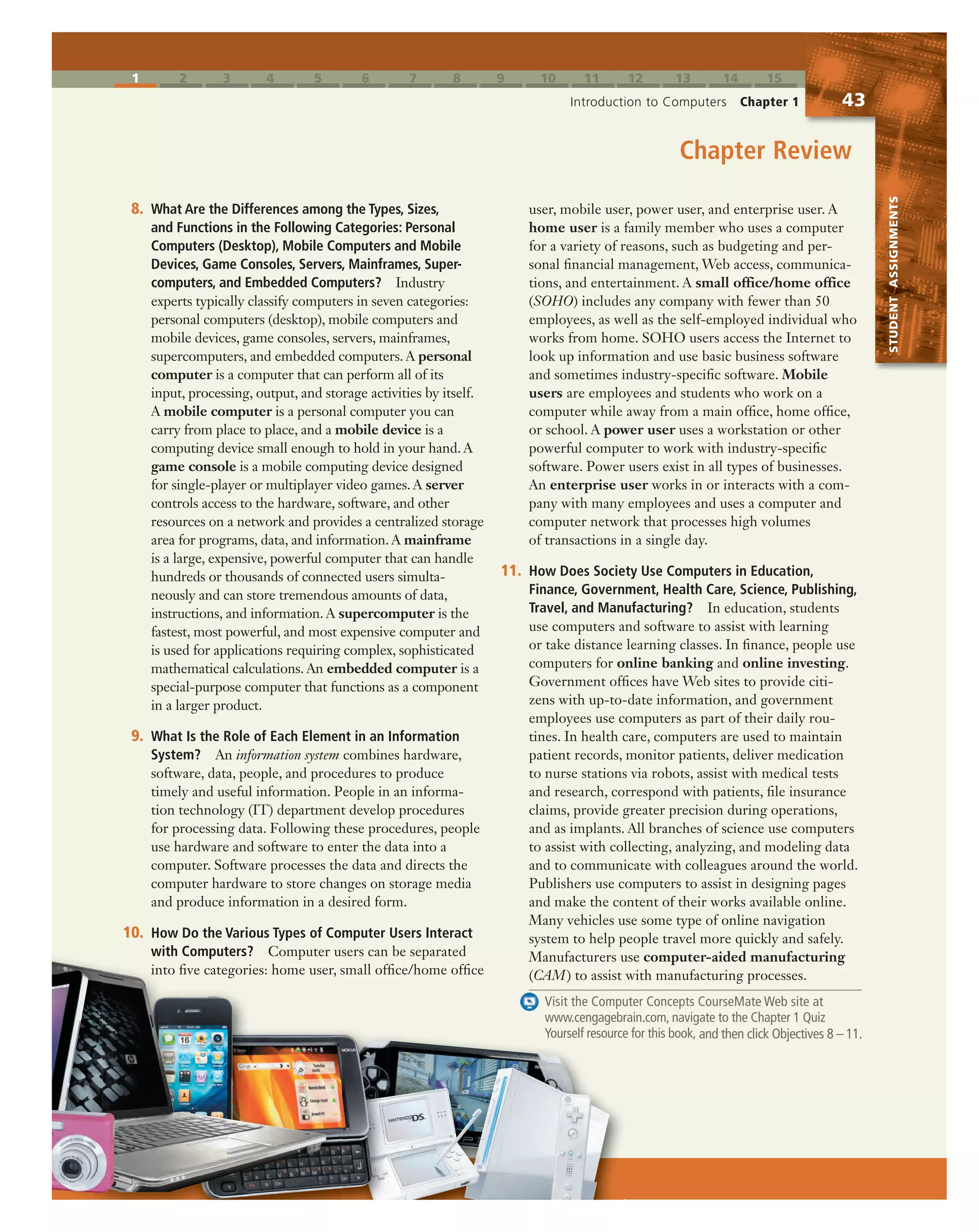 1 2 3 4 5 6 7 8 9 10 11 12 13 14 15
Introduction to Computers Chapter 1 43
STUDENTASSIGNMENTS
8. What Are the Differences among the Types, Sizes,
and Functions in the Following Categories: Personal
Computers (Desktop), Mobile Computers and Mobile
Devices, Game Consoles, Servers, Mainframes, Super-
computers, and Embedded Computers? Industry
experts typically classify computers in seven categories:
personal computers (desktop), mobile computers and
mobile devices, game consoles, servers, mainframes,
supercomputers, and embedded computers. A personal
computer is a computer that can perform all of its
input, processing, output, and storage activities by itself.
A mobile computer is a personal computer you can
carry from place to place, and a mobile device is a
computing device small enough to hold in your hand. A
game console is a mobile computing device designed
for single-player or multiplayer video games. A server
controls access to the hardware, software, and other
resources on a network and provides a centralized storage
area for programs, data, and information. A mainframe
is a large, expensive, powerful computer that can handle
hundreds or thousands of connected users simulta-
neously and can store tremendous amounts of data,
instructions, and information. A supercomputer is the
fastest, most powerful, and most expensive computer and
is used for applications requiring complex, sophisticated
mathematical calculations. An embedded computer is a
special-purpose computer that functions as a component
in a larger product.
9. What Is the Role of Each Element in an Information
System? An information system combines hardware,
software, data, people, and procedures to produce
timely and useful information. People in an informa-
tion technology (IT) department develop procedures
for processing data. Following these procedures, people
use hardware and software to enter the data into a
computer. Software processes the data and directs the
computer hardware to store changes on storage media
and produce information in a desired form.
10. How Do the Various Types of Computer Users Interact
with Computers? Computer users can be separated
into five categories: home user, small office/home office
user, mobile user, power user, and enterprise user. A
home user is a family member who uses a computer
for a variety of reasons, such as budgeting and per-
sonal financial management, Web access, communica-
tions, and entertainment. A small office/home office
(SOHO) includes any company with fewer than 50
employees, as well as the self-employed individual who
works from home. SOHO users access the Internet to
look up information and use basic business software
and sometimes industry-specific software. Mobile
users are employees and students who work on a
computer while away from a main office, home office,
or school. A power user uses a workstation or other
powerful computer to work with industry-specific
software. Power users exist in all types of businesses.
An enterprise user works in or interacts with a com-
pany with many employees and uses a computer and
computer network that processes high volumes
of transactions in a single day.
11. How Does Society Use Computers in Education,
Finance, Government, Health Care, Science, Publishing,
Travel, and Manufacturing? In education, students
use computers and software to assist with learning
or take distance learning classes. In finance, people use
computers for online banking and online investing.
Government offices have Web sites to provide citi-
zens with up-to-date information, and government
employees use computers as part of their daily rou-
tines. In health care, computers are used to maintain
patient records, monitor patients, deliver medication
to nurse stations via robots, assist with medical tests
and research, correspond with patients, file insurance
claims, provide greater precision during operations,
and as implants. All branches of science use computers
to assist with collecting, analyzing, and modeling data
and to communicate with colleagues around the world.
Publishers use computers to assist in designing pages
and make the content of their works available online.
Many vehicles use some type of online navigation
system to help people travel more quickly and safely.
Manufacturers use computer-aided manufacturing
(CAM) to assist with manufacturing processes.
Visit the Computer Concepts CourseMate Web site at
www.cengagebrain.com, navigate to the Chapter 1 Quiz
Yourself resource for this book, and then click Objectives 8 – 11.
Chapter Review
Yourself r
10. How Do the Various Types of Co
with Computers? Computer u
into five categories: home user, s
 