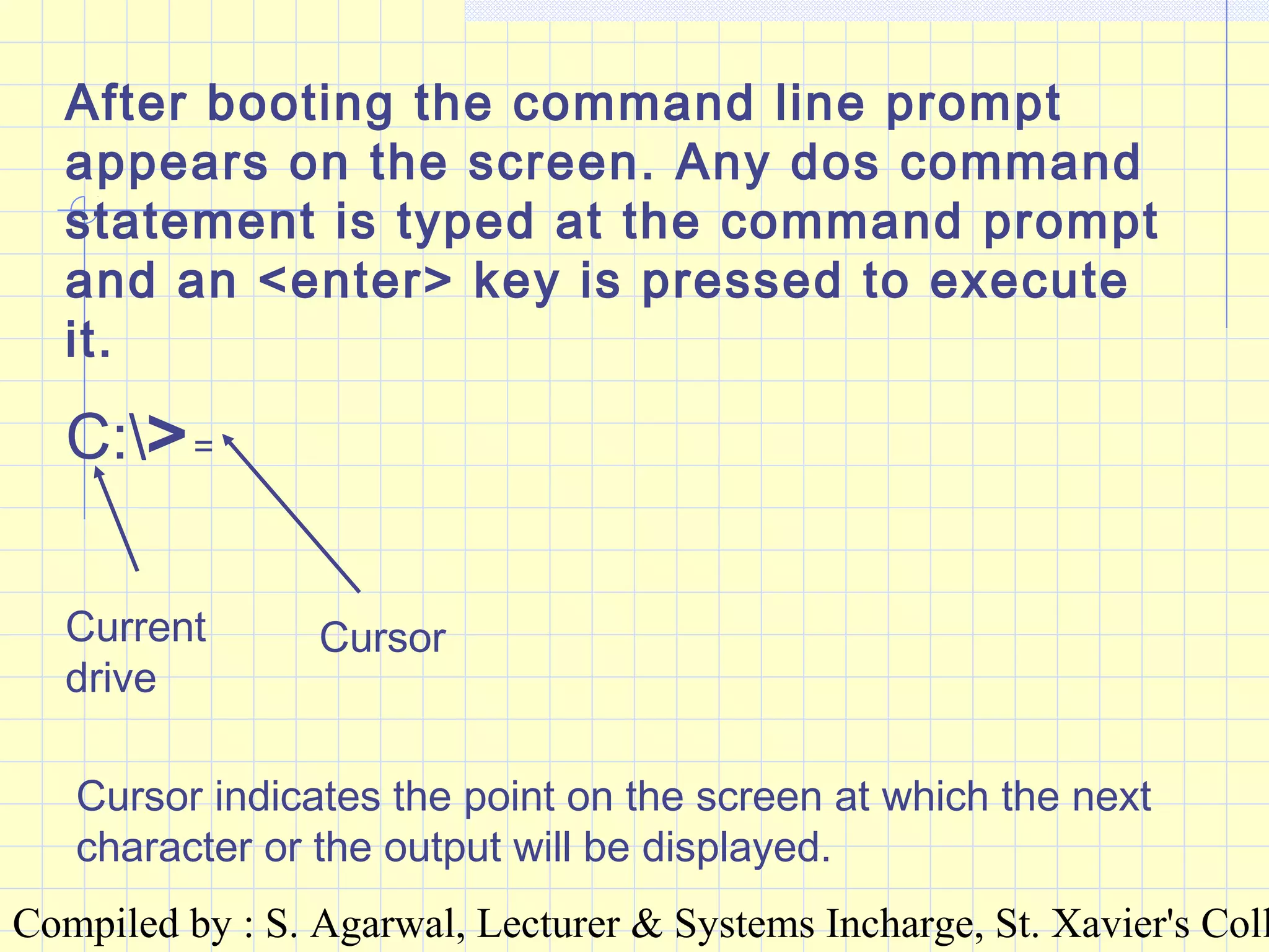 Compiled by : S. Agarwal, Lecturer & Systems Incharge, St. Xavier's Coll
After booting the command line prompt
appears on the screen. Any dos command
statement is typed at the command prompt
and an <enter> key is pressed to execute
it.
C:>=
Current
drive
Cursor
Cursor indicates the point on the screen at which the next
character or the output will be displayed.
 