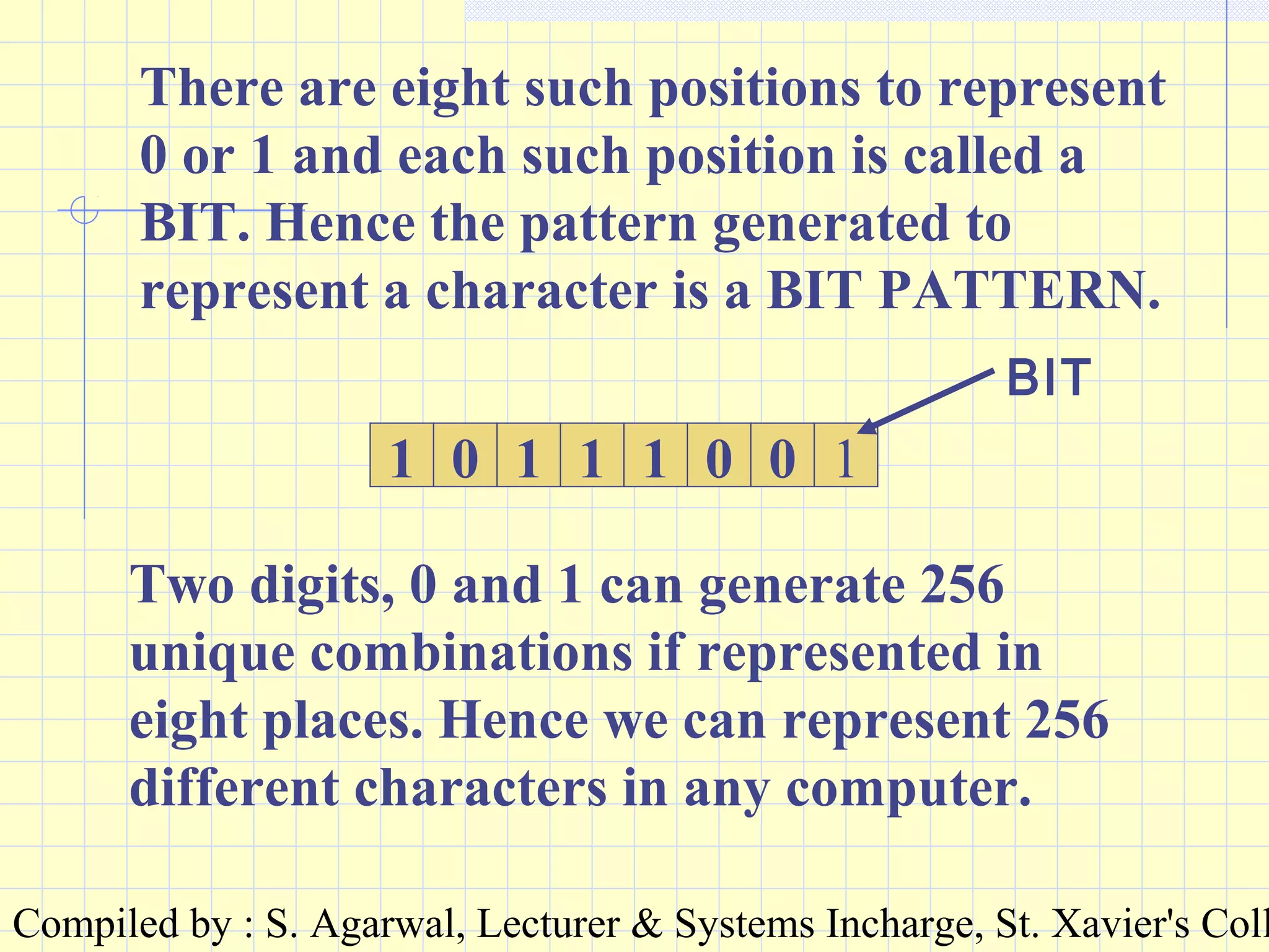 Compiled by : S. Agarwal, Lecturer & Systems Incharge, St. Xavier's Coll
There are eight such positions to represent
0 or 1 and each such position is called a
BIT. Hence the pattern generated to
represent a character is a BIT PATTERN.
01 0 1 1 1 0 1
Two digits, 0 and 1 can generate 256
unique combinations if represented in
eight places. Hence we can represent 256
different characters in any computer.
BIT
 