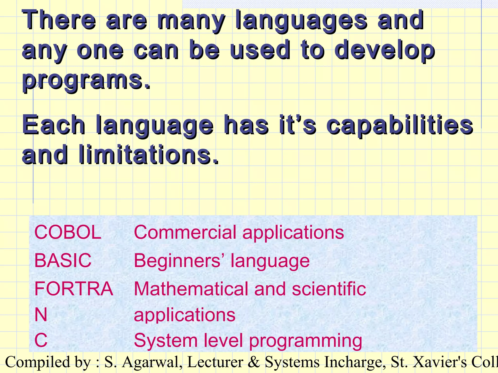Compiled by : S. Agarwal, Lecturer & Systems Incharge, St. Xavier's Coll
There are many languages andThere are many languages and
any one can be used to developany one can be used to develop
programs.programs.
Each language has it’s capabilitiesEach language has it’s capabilities
and limitations.and limitations.
COBOL Commercial applications
BASIC Beginners’ language
FORTRA
N
Mathematical and scientific
applications
C System level programming
 
