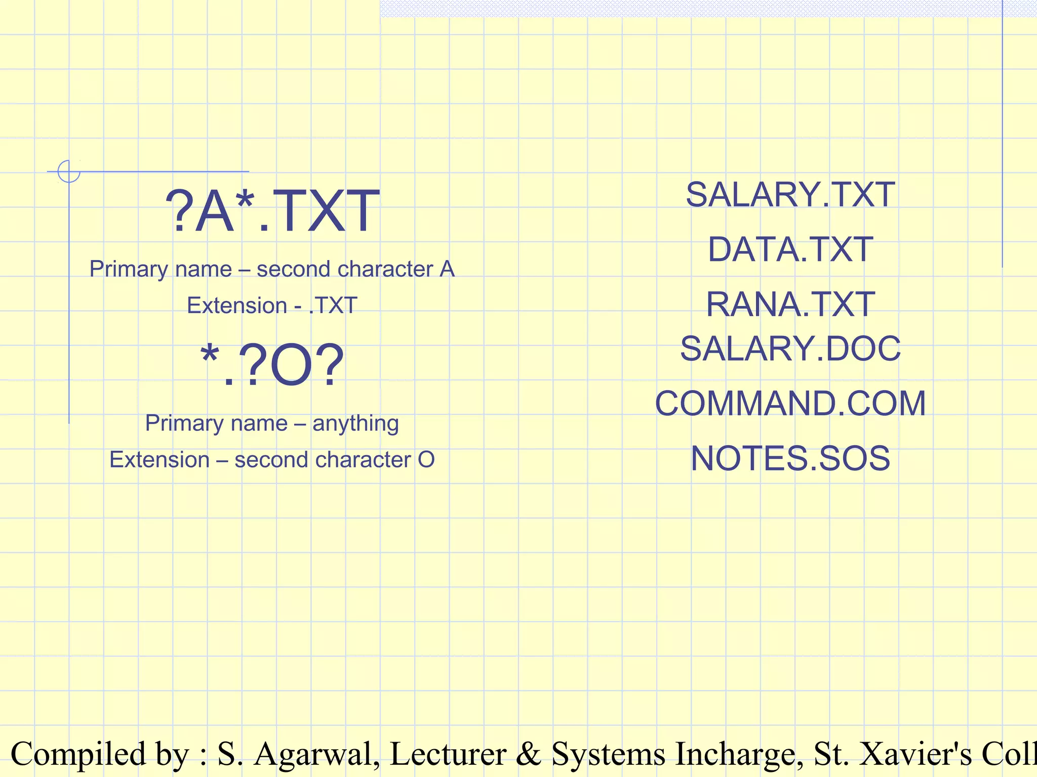 Compiled by : S. Agarwal, Lecturer & Systems Incharge, St. Xavier's Coll
?A*.TXT
Primary name – second character A
Extension - .TXT
SALARY.TXT
DATA.TXT
RANA.TXT
*.?O?
Primary name – anything
Extension – second character O
SALARY.DOC
COMMAND.COM
NOTES.SOS
 