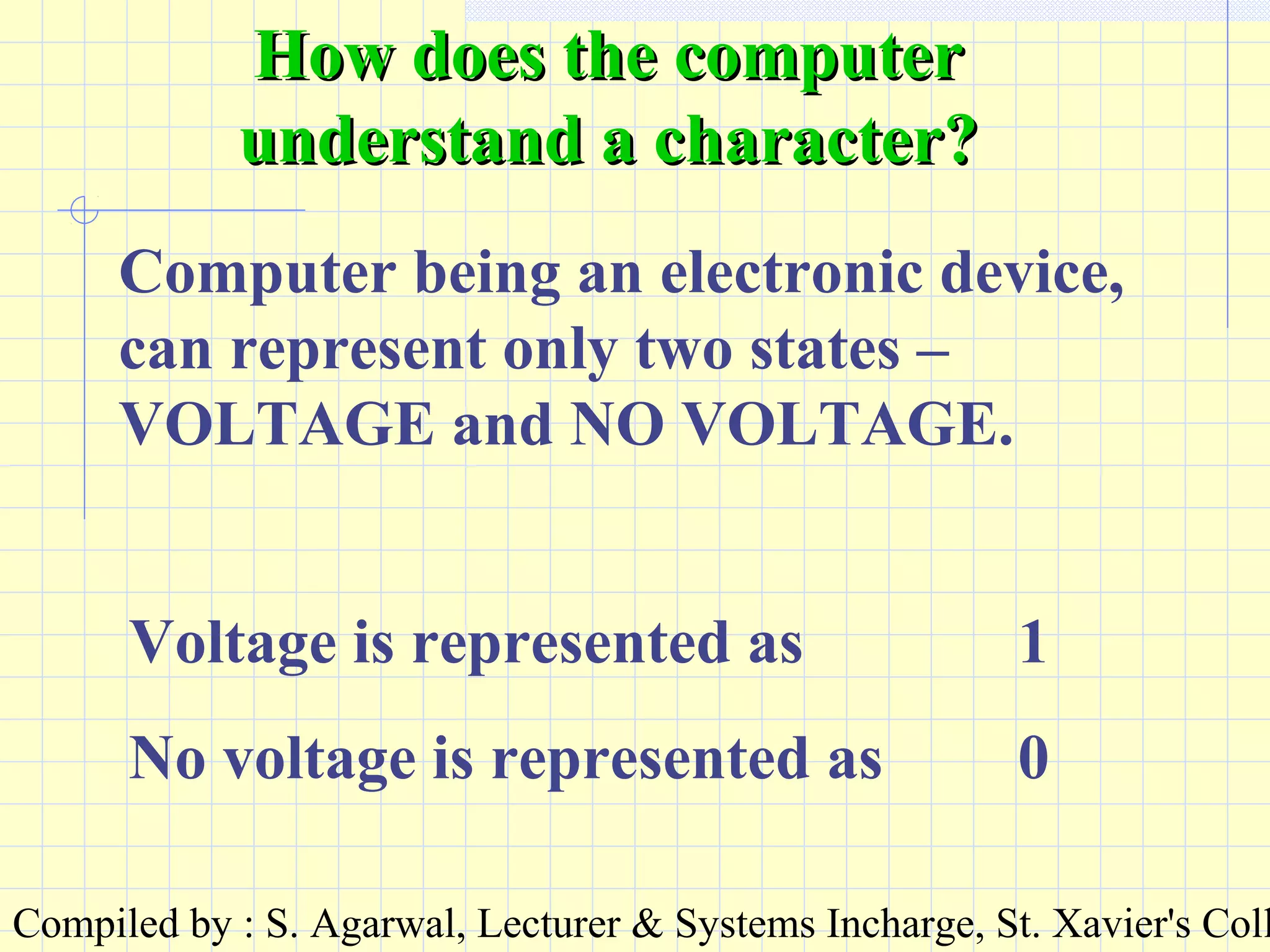 Compiled by : S. Agarwal, Lecturer & Systems Incharge, St. Xavier's Coll
Computer being an electronic device,
can represent only two states –
VOLTAGE and NO VOLTAGE.
Voltage is represented as 1
No voltage is represented as 0
How does the computerHow does the computer
understand a character?understand a character?
 