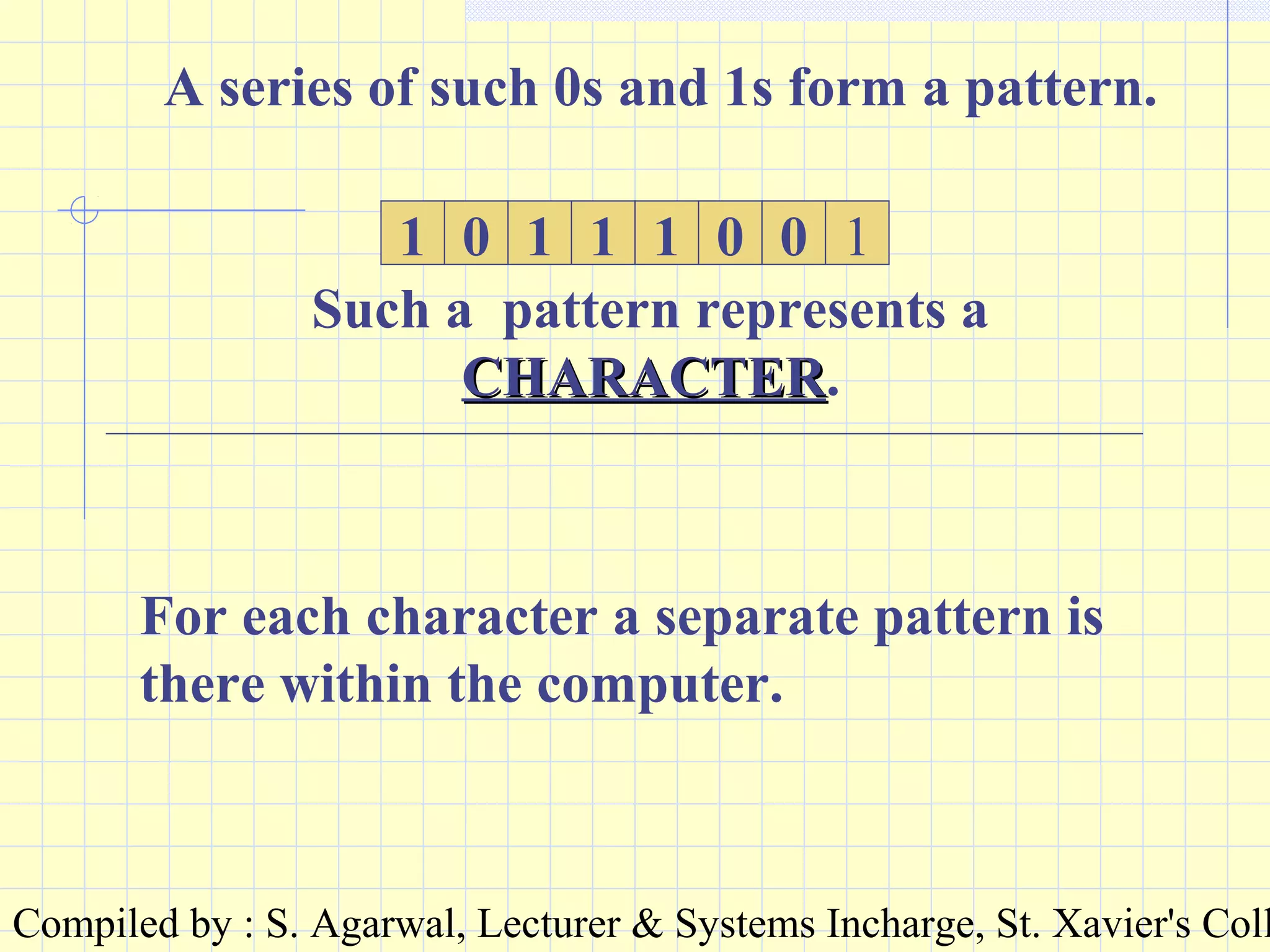 Compiled by : S. Agarwal, Lecturer & Systems Incharge, St. Xavier's Coll
A series of such 0s and 1s form a pattern.
1 0 1 1 1 0 0 1
Such a pattern represents a
CHARACTERCHARACTER.
For each character a separate pattern is
there within the computer.
 