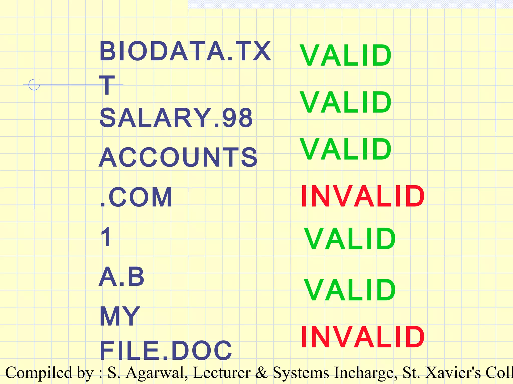 Compiled by : S. Agarwal, Lecturer & Systems Incharge, St. Xavier's Coll
BIODATA.TX
T
SALARY.98
ACCOUNTS
.COM
1
A.B
MY
FILE.DOC
VALID
VALID
VALID
INVALID
VALID
VALID
INVALID
 