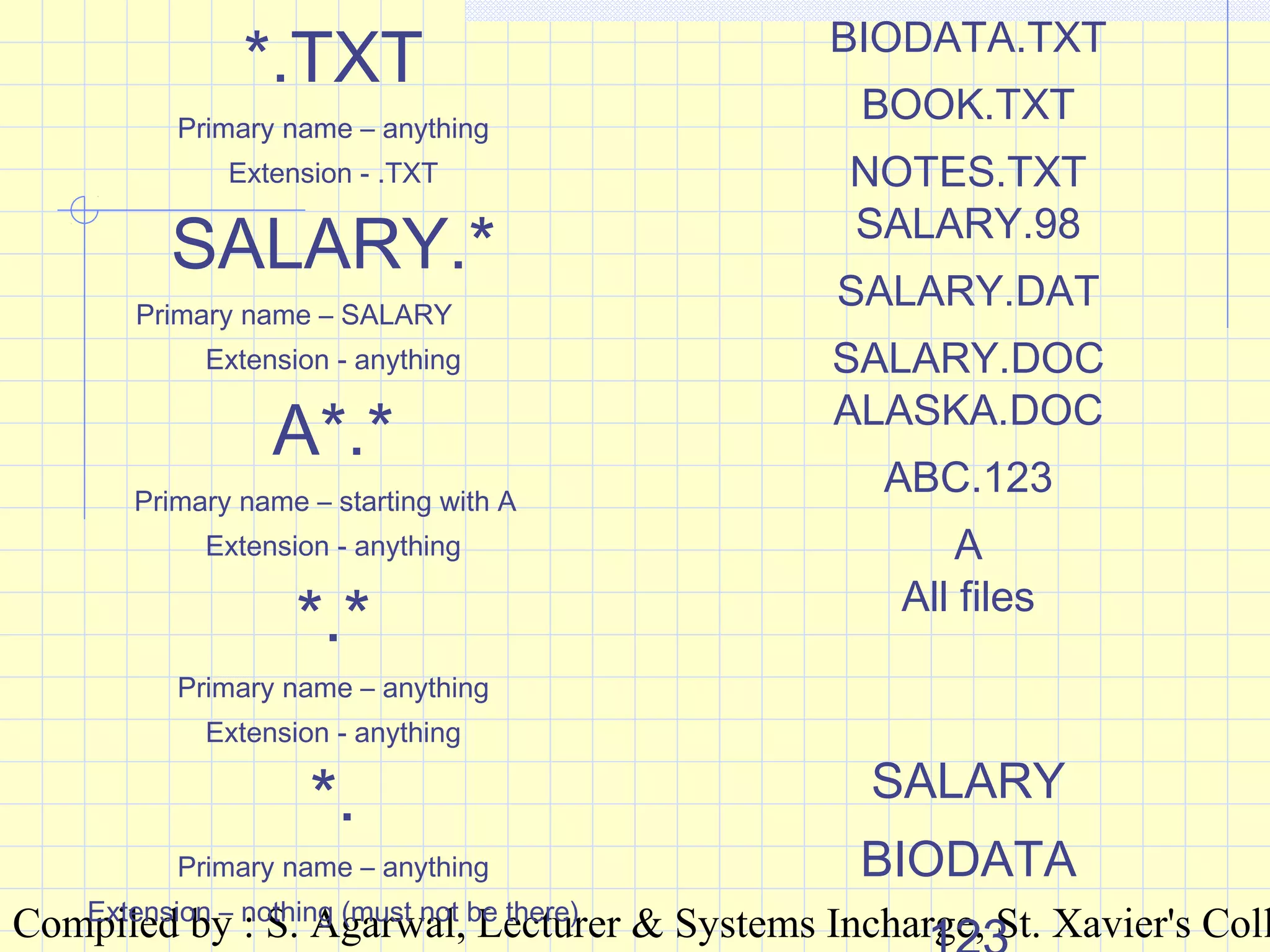 Compiled by : S. Agarwal, Lecturer & Systems Incharge, St. Xavier's Coll
*.TXT
Primary name – anything
Extension - .TXT
BIODATA.TXT
BOOK.TXT
NOTES.TXT
SALARY.*
Primary name – SALARY
Extension - anything
SALARY.98
SALARY.DAT
SALARY.DOC
A*.*
Primary name – starting with A
Extension - anything
ALASKA.DOC
ABC.123
A
*.*
Primary name – anything
Extension - anything
All files
*.
Primary name – anything
Extension – nothing (must not be there)
SALARY
BIODATA
 