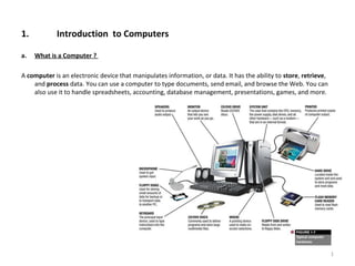 1. Introduction to Computers
a. What is a Computer ?
A computer is an electronic device that manipulates information, or data. It has the ability to store, retrieve, 
and process data. You can use a computer to type documents, send email, and browse the Web. You can 
also use it to handle spreadsheets, accounting, database management, presentations, games, and more.
1
 