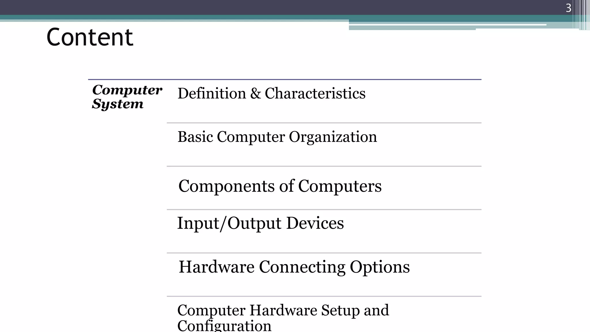 Content
Computer
System
Definition & Characteristics
Basic Computer Organization
Computer Hardware Setup and
Configuration
Input/Output Devices
Components of Computers
Hardware Connecting Options
3
 
