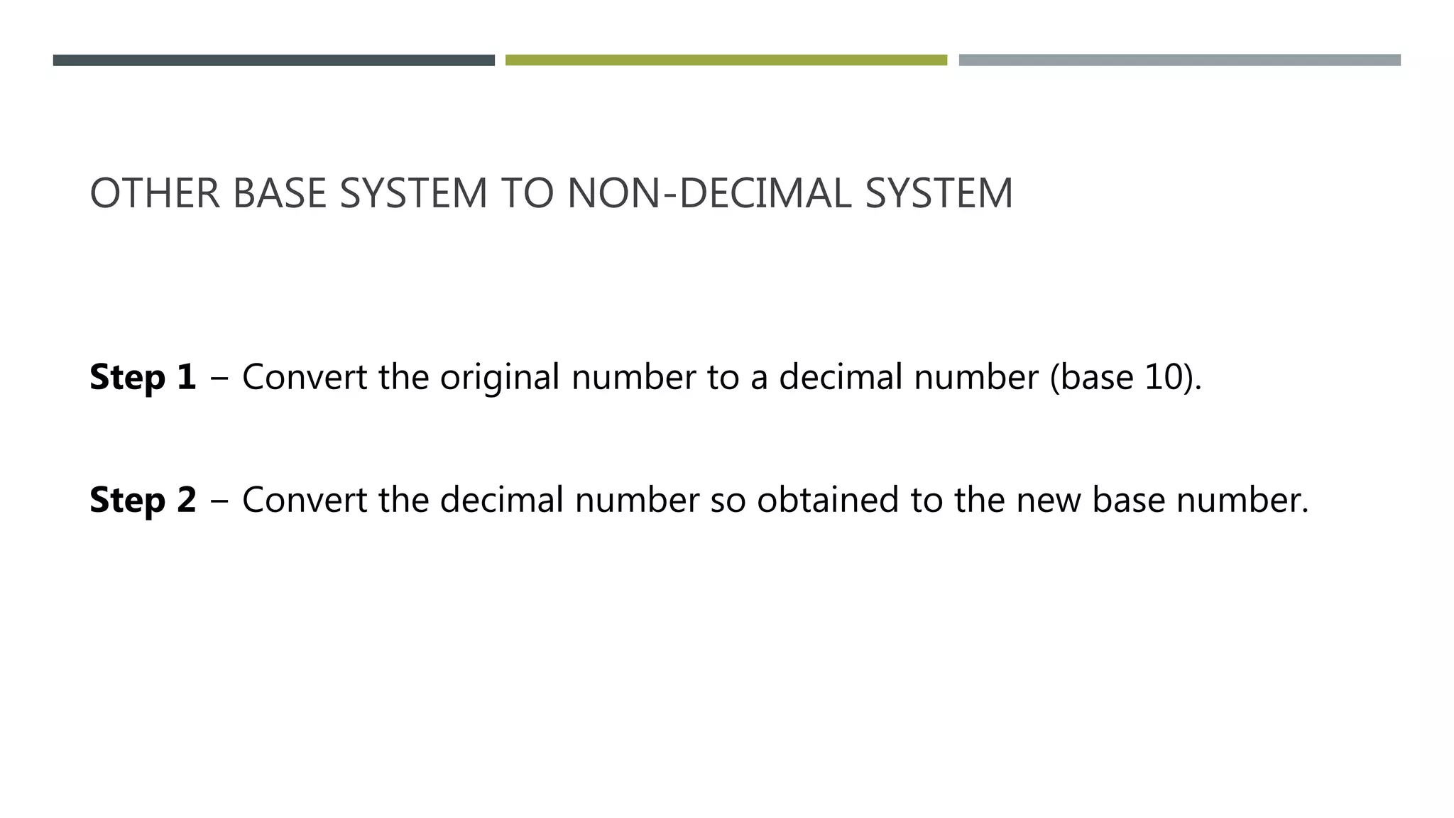 OTHER BASE SYSTEM TO NON-DECIMAL SYSTEM
Step 1 − Convert the original number to a decimal number (base 10).
Step 2 − Convert the decimal number so obtained to the new base number.
 