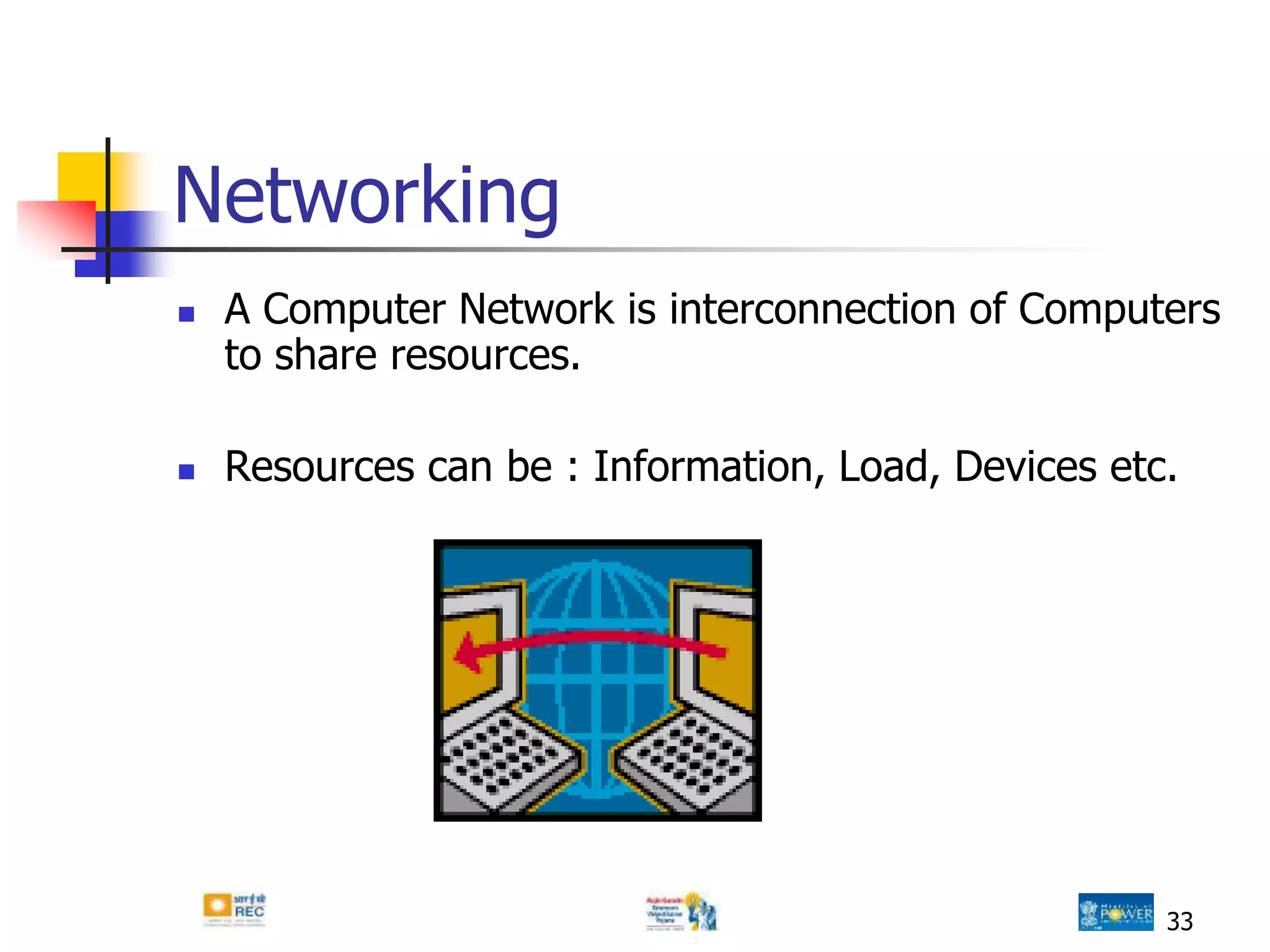 Networking
 A Computer Network is interconnection of Computers
to share resources.
 Resources can be : Information, Load, Devices etc.
33
 