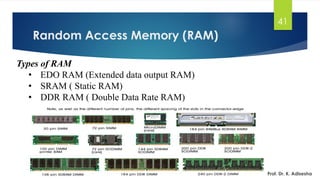 Random Access Memory (RAM)
41
Types of RAM
• EDO RAM (Extended data output RAM)
• SRAM ( Static RAM)
• DDR RAM ( Double Data Rate RAM)
Prof. Dr. K. Adisesha
 