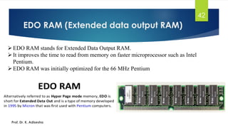 EDO RAM (Extended data output RAM)
42
➢EDO RAM stands for Extended Data Output RAM.
➢It improves the time to read from memory on faster microprocessor such as Intel
Pentium.
➢EDO RAM was initially optimized for the 66 MHz Pentium
Prof. Dr. K. Adisesha
 