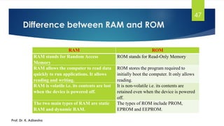 Difference between RAM and ROM
47
Prof. Dr. K. Adisesha
RAM ROM
RAM stands for Random Access
Memory
ROM stands for Read-Only Memory
RAM allows the computer to read data
quickly to run applications. It allows
reading and writing.
ROM stores the program required to
initially boot the computer. It only allows
reading.
RAM is volatile i.e. its contents are lost
when the device is powered off.
It is non-volatile i.e. its contents are
retained even when the device is powered
off.
The two main types of RAM are static
RAM and dynamic RAM.
The types of ROM include PROM,
EPROM and EEPROM.
 