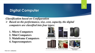 Digital Computer
5
Classification based on Configuration
➢ Based on the performance, size, cost, capacity, the digital
computers are classified into four types:
1. Micro Computers
2. Mini Computers
3. Mainframe Computers
4. Supercomputers
Prof. Dr. K. Adisesha
 