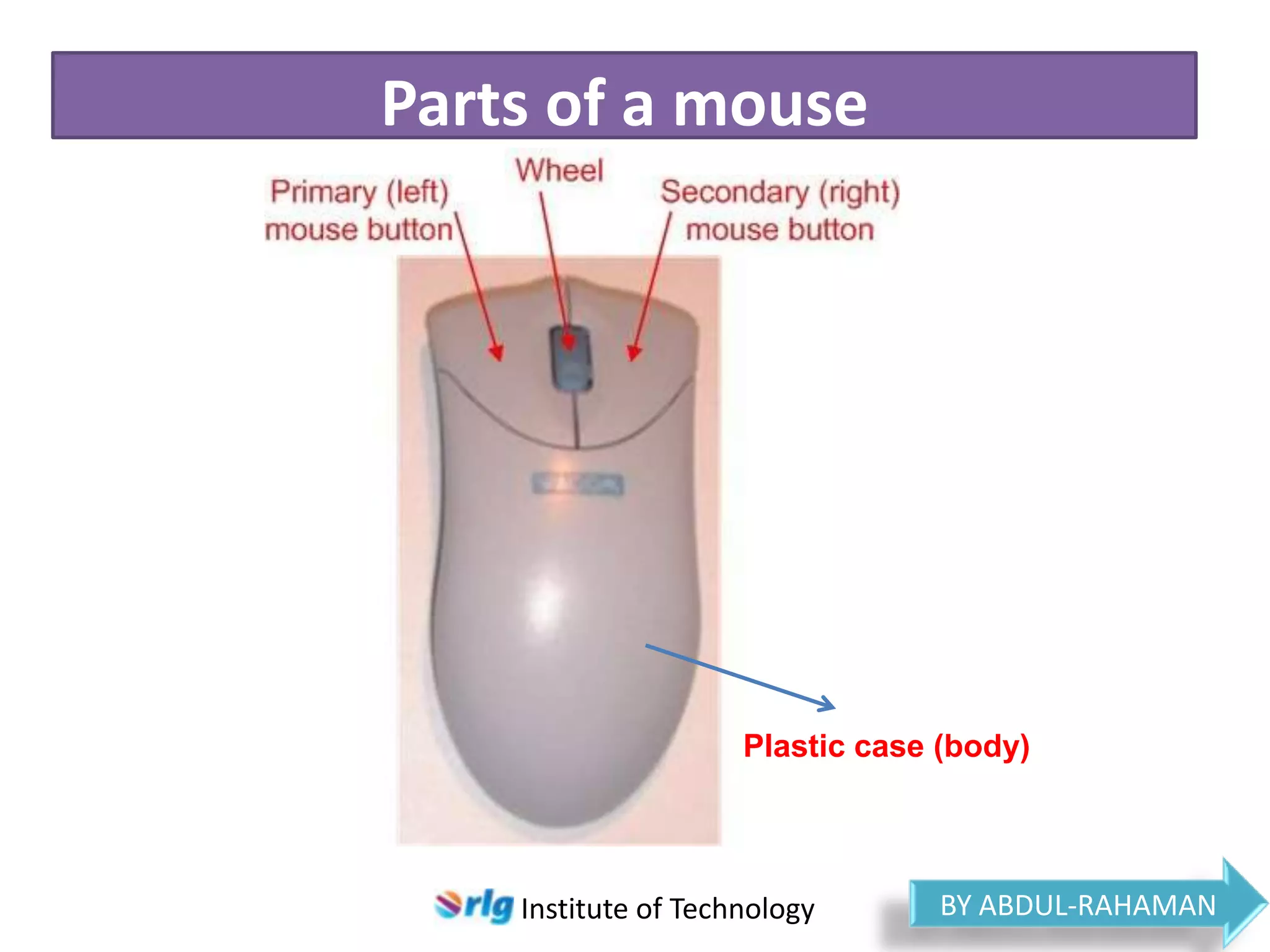 Parts of a mouse

Plastic case (body)

Institute of Technology

BY ABDUL-RAHAMAN

 