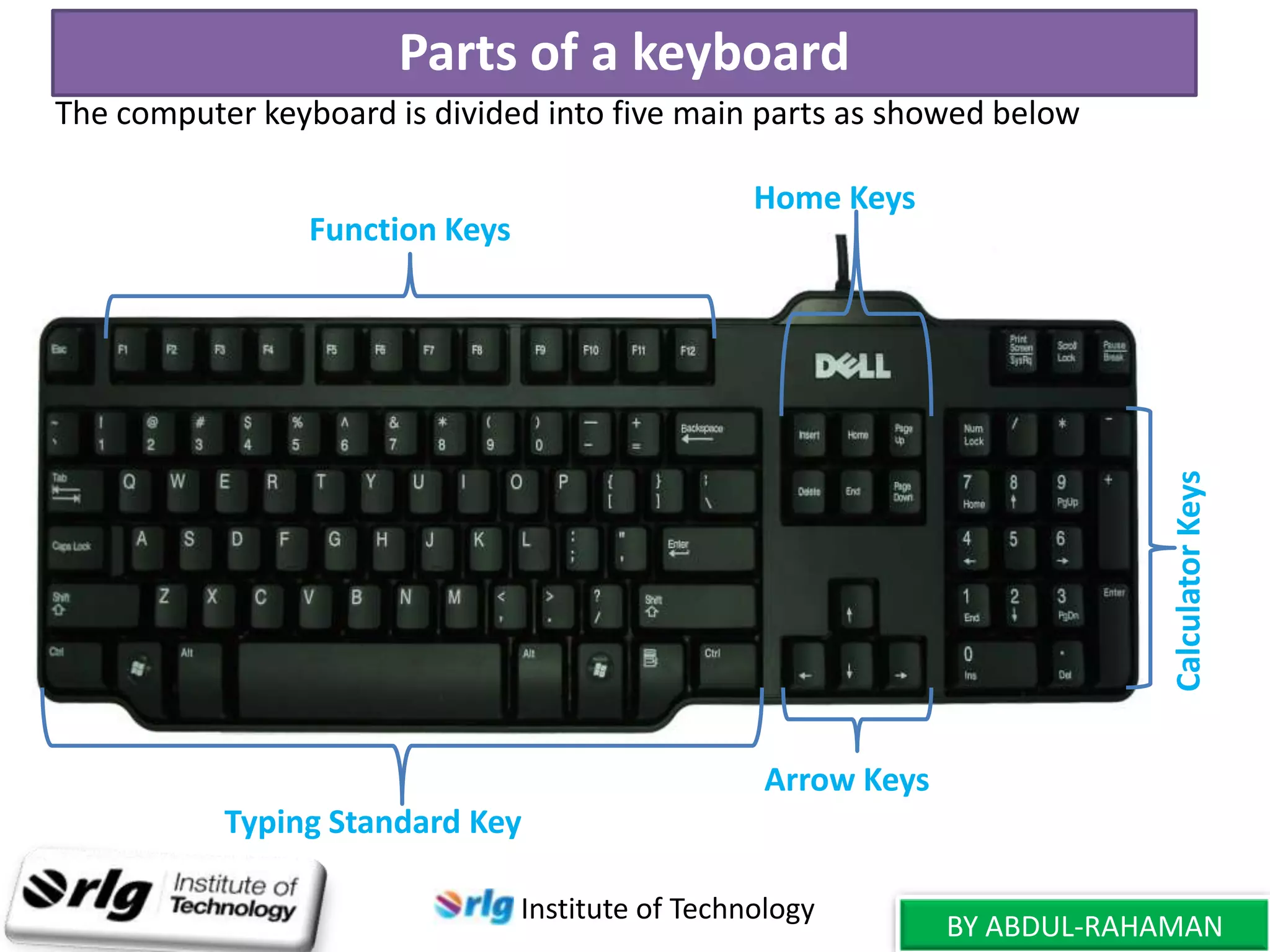 Parts of a keyboard
The computer keyboard is divided into five main parts as showed below
Home Keys

Calculator Keys

Function Keys

Arrow Keys
Typing Standard Key
Institute of Technology

BY ABDUL-RAHAMAN

 